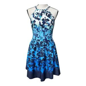 Vince Camuto Blue Floral Ombre Fit & Flare Halter Cocktail Dress Size 2